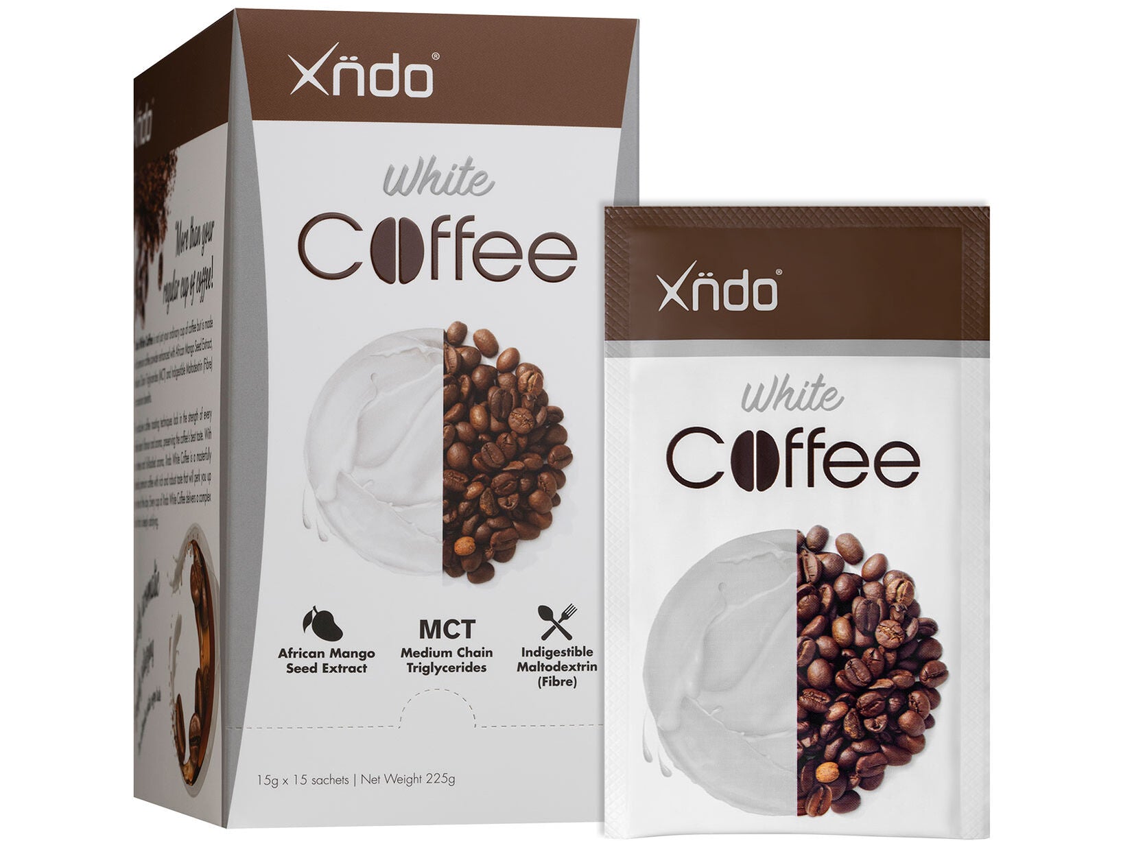 XNDO White Coffee sachets featuring African Mango Seed Extract and MCT for a delicious beverage