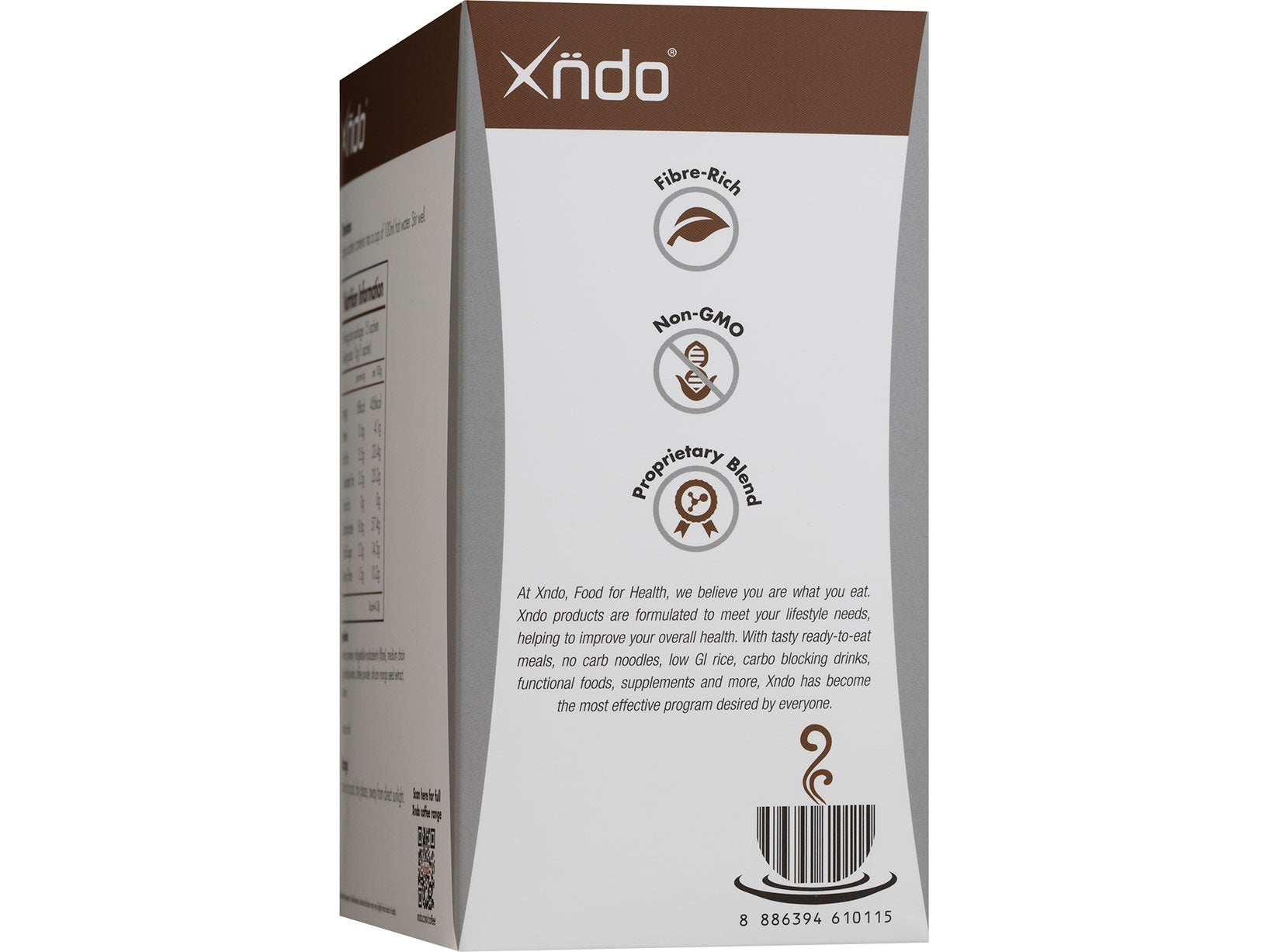 XNDO White Coffee sachets box featuring nutritional details and health benefits for coffee lovers