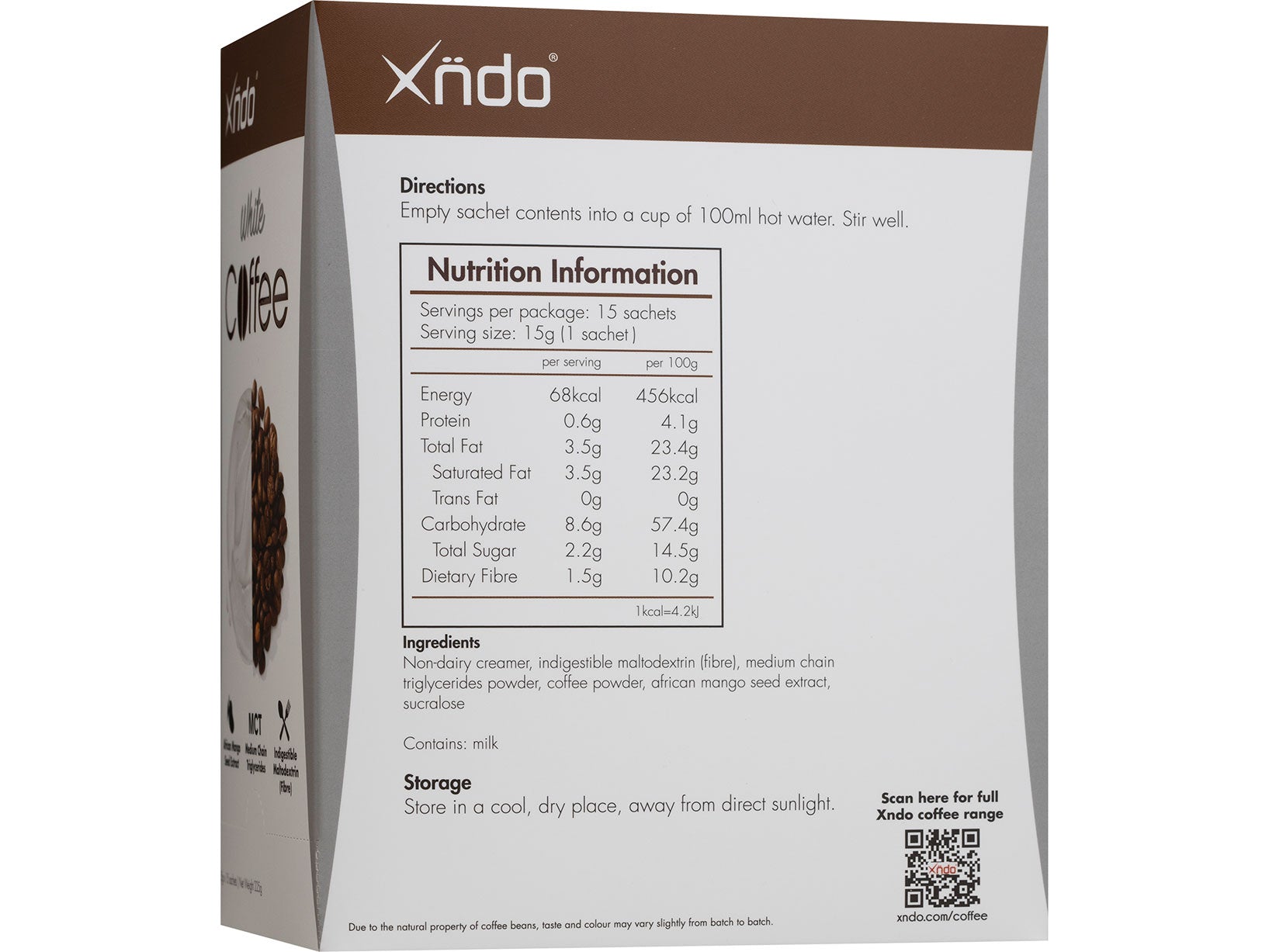 XNDO White Coffee sachets packaging with nutritional information and directions for use
