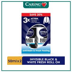 NIVEA FOR MEN DEODORANT BLACK & WHITE INVISIBLE FRESH + ANTIBACTERIAL 48 HOURS ROLL ON 50ML X 2