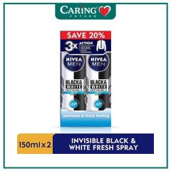 NIVEA FOR MEN DEODORANT BLACK & WHITE INVISIBLE FRESH + ANTIBACTERIAL 48 HOURS SPRAY 150ML X 2